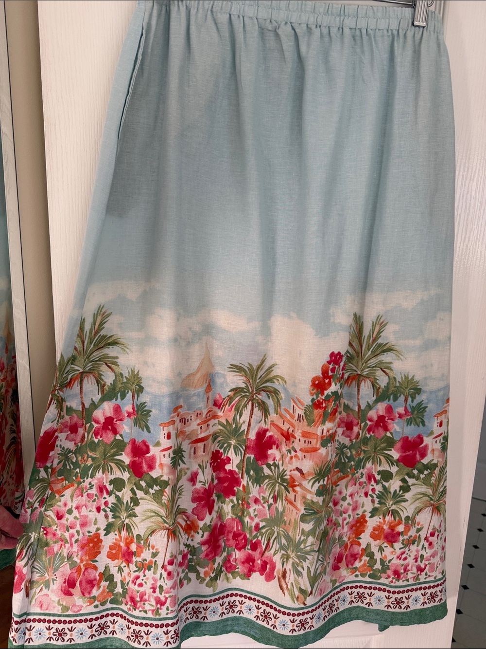 🐝 NWOT 🐝 LINEN Calypso St. Barth Light Blue Tropical Border Midi Skirt
